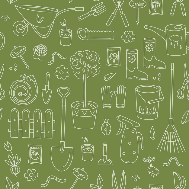 Naadloze patroon met hulpmiddelen voor het planten en verzorgen van planten Verzameling van geïsoleerde doodle stijl vector