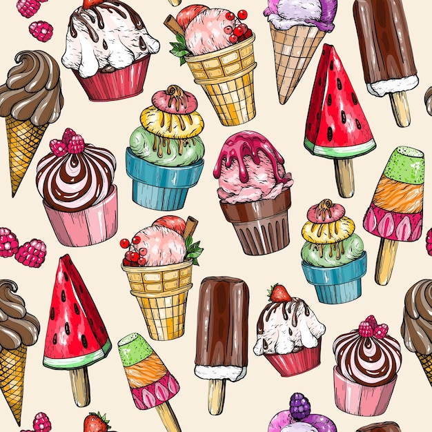 Naadloze patroon met ijs en zoete cupcake achtergrond vectorillustratie