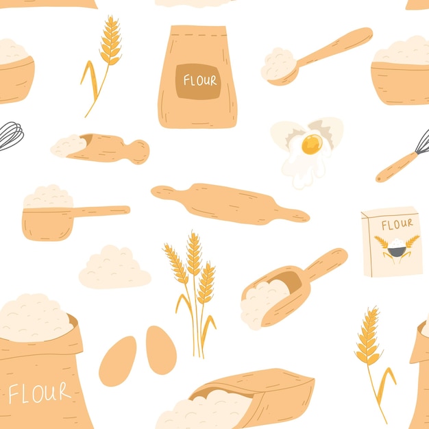 Vector naadloze patroon met ingrediënten voor het bakken zak met bloem ei keuken garde deegroller tarwe oor