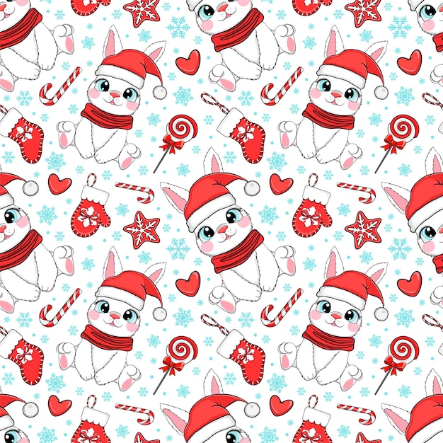 naadloze patroon met kerst candy cane caramel, banny en sneeuwvlokken, eindeloze achtergrond