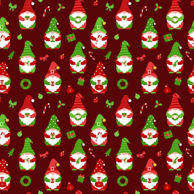 Naadloze patroon met kleine kabouters Leuke kerst elf stripfiguren houden cadeau snoep kerst bal platte vector-elementen voor stof behang inpakpapier kerst dwergen op donkerrood