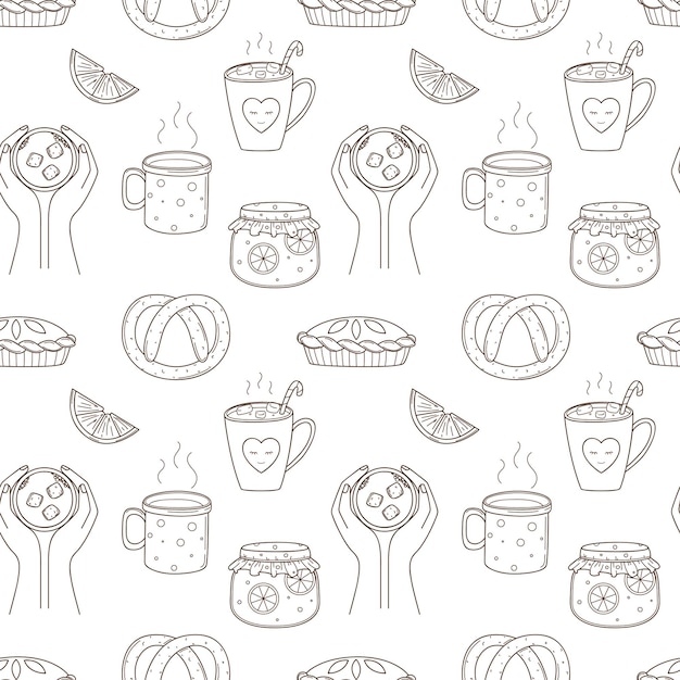 Naadloze patroon met koffie, jam, cake, krakeling. Zwart witte vector met schets doodle elementen