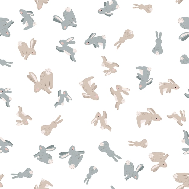 Naadloze patroon met konijnen. haas, pasen, lente, bloemen. kinderachtig schattige print. vectorafbeeldingen.