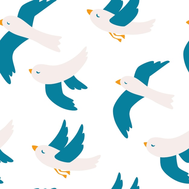 Naadloze patroon met meeuwen. Schattig zeemeeuw vogel naadloze patroon. Vliegende vogels patroon. Zomervakantie. Goed om af te drukken. Vector illustratie doodle komische kunst, minimalistische stijl.