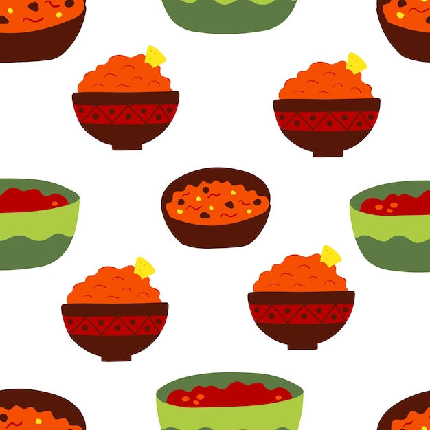 Vector naadloze patroon met mexicaans eten chili con carne salsa saus illustratie platte doodle cartoon afbeelding