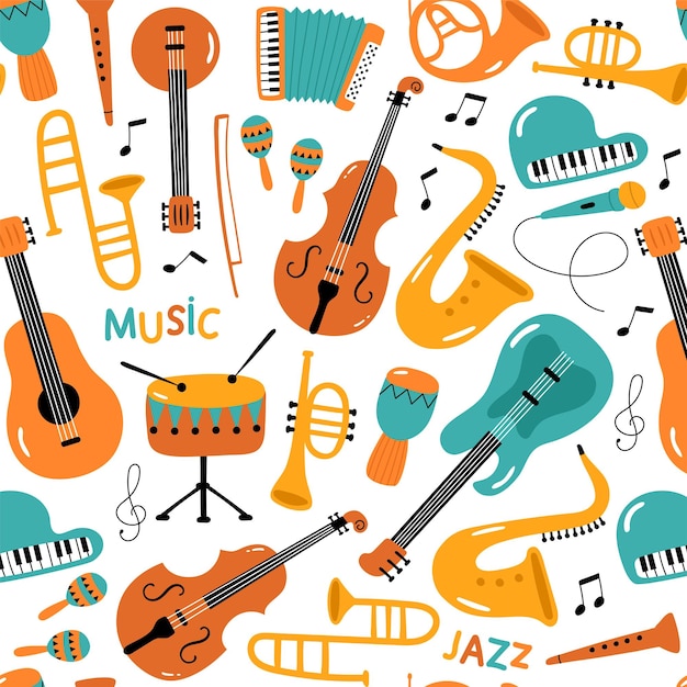 Naadloze patroon met muziekinstrumenten in cartoon stijl vectorillustratie