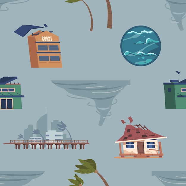 Naadloze patroon met orkaan palmbomen gebouwen en pier tegel witte achtergrond met natuurramp objecten Tornado Vortex en huizen cartoon vector illustratie herhaald ornament