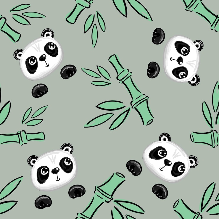 Vector naadloze patroon met panda bear cub stripfiguur en bamboe takken met groene bladeren op lichtgroene achtergrond vectorillustratie