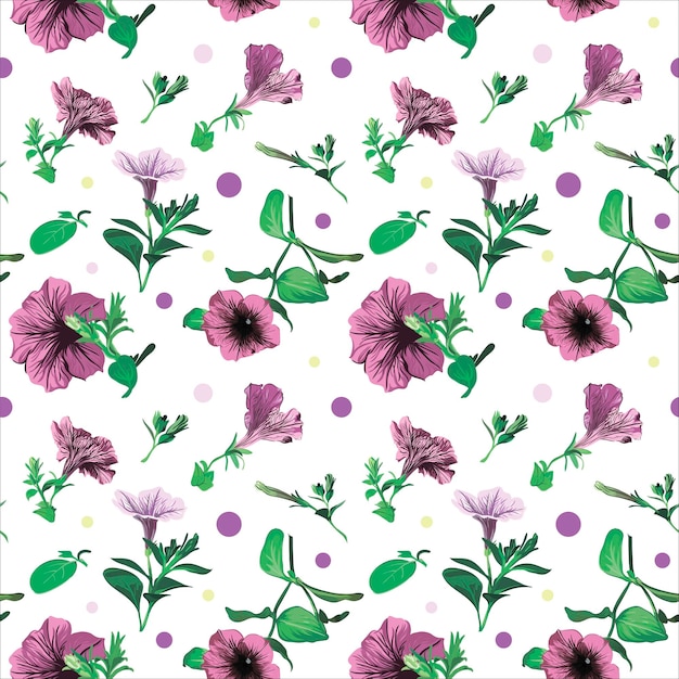 Naadloze patroon met petunia zomerbloemen. Vector artistieke bloemen en bladeren. botanische illustratie