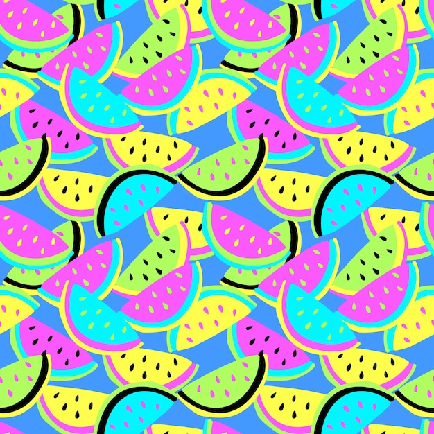 Vector naadloze patroon met plakjes watermeloen in levendige neonkleuren abstract fruit vector achtergrond