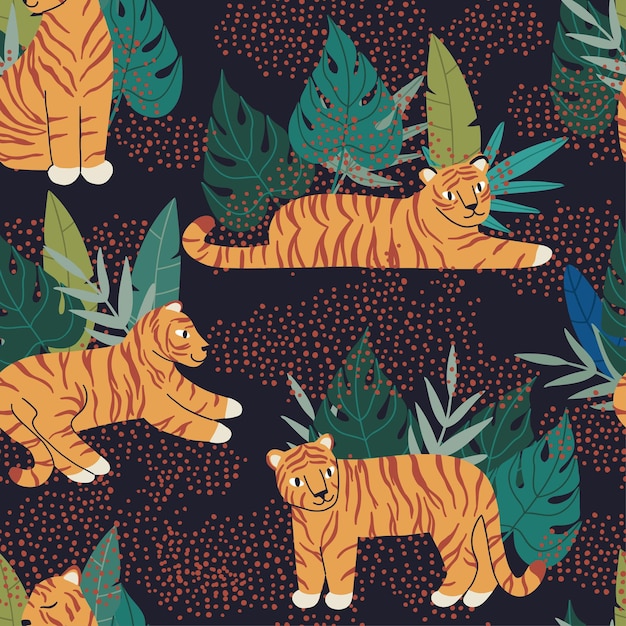 Naadloze patroon met platte kleurrijke tijgers en bladeren. abstracte jungle. ontwerp voor stof. Vector handgetekende illustratie.