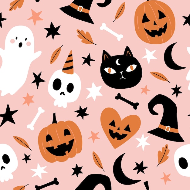 Naadloze patroon met pompoenen, katten, spoken, schedels, heksenhoeden, maan op roze achtergrond.