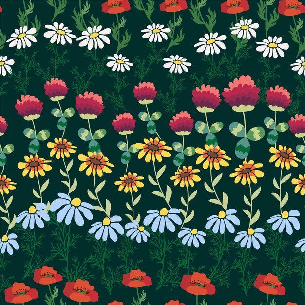 Naadloze patroon met rode klaprozen witte kamille bloemen gele rudbeckia zomer bloemenveld weide afdrukken voor textiel inpakpapier cadeau