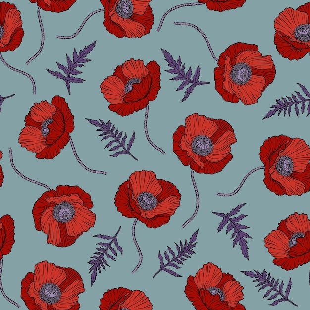 Naadloze patroon met rode papaver bloemen Papaver Hand getrokken lijn kunst schets vectorillustratie sierlijke elegante zomer achtergrond Decor voor Anzac dag eindeloze textuur voor textiel mode verpakking