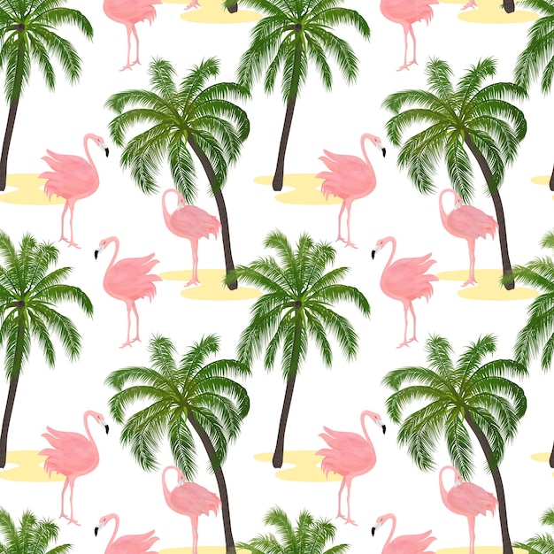 Naadloze patroon met roze flamingo's en palmbomen.