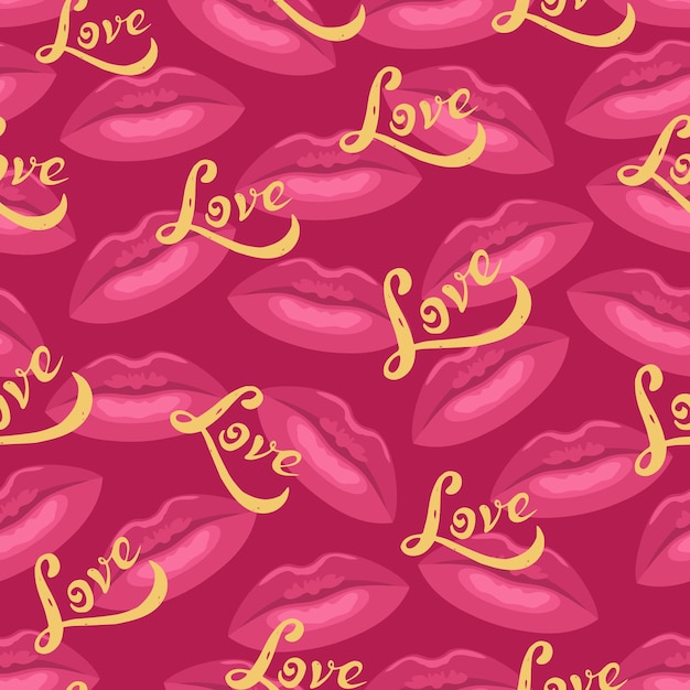 Naadloze patroon met roze lippen en belettering 'Love'