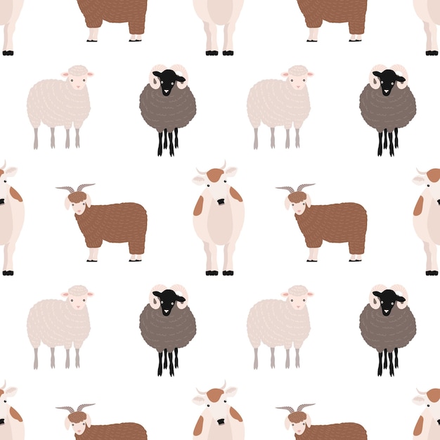 Naadloze patroon met schattige boerderijdieren op witte achtergrond. achtergrond met vee - koe, geit, schaap, ram. kleurrijke vectorillustratie in platte cartoon stijl voor stof print, behang.