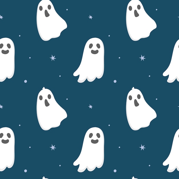 Naadloze patroon met schattige cartoon geesten en sterren Witte geesten op blauwe achtergrond Halloween illustratie Achtergrond voor het verpakken van papieren wenskaarten en seizoensgebonden ontwerpen