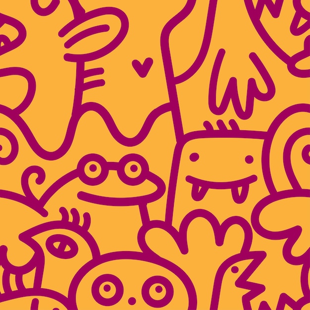 Naadloze patroon met schattige cartoon wezens op oranje achtergrond Grappige tekenfilm dieren afdrukken Doodle monster poster