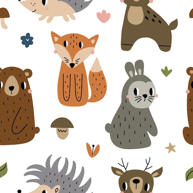 Naadloze patroon met schattige dieren in het bos in scandinavische stijl Vector illustratie op een witte achtergrond voor het decoreren van textiel verpakking kwekerij