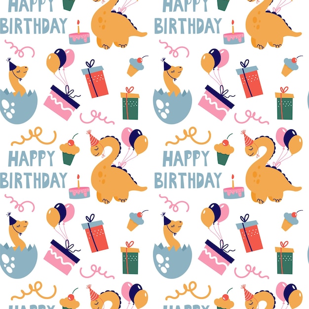 Naadloze patroon met schattige dinosaurussen. dinosaurussen vieren hun verjaardag met cadeautjes en snoep. vector.
