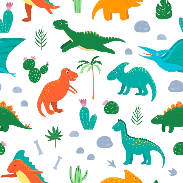 naadloze patroon met schattige dinosaurussen met palmbomen, cactus, stenen, voetafdrukken, botten voor kinderen. Dino platte stripfiguren achtergrond. Leuke prehistorische reptielenillustratie.