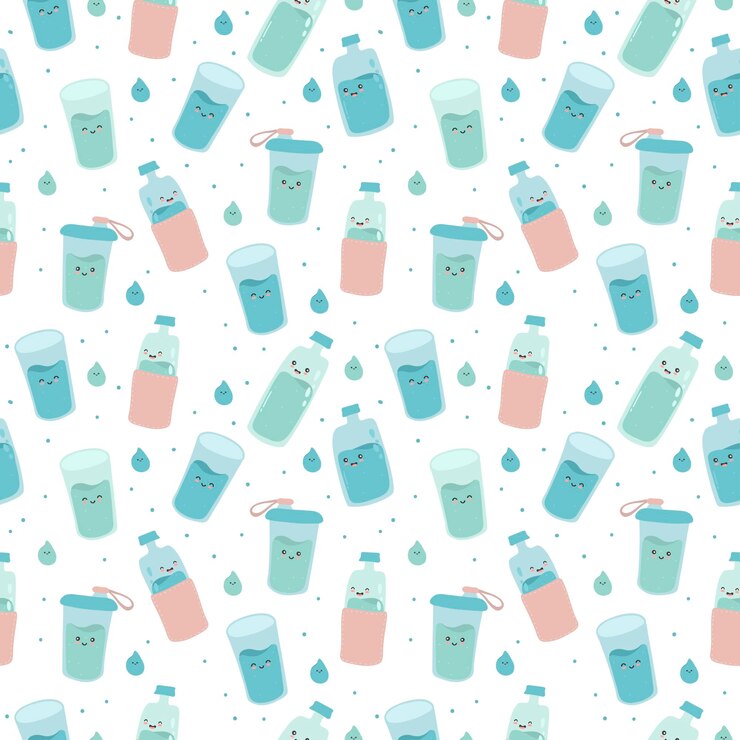 Naadloze patroon met schattige gelukkig grappige flessen en glazen vector cartoon kawaii karakter water Drink meer water elke dag concept