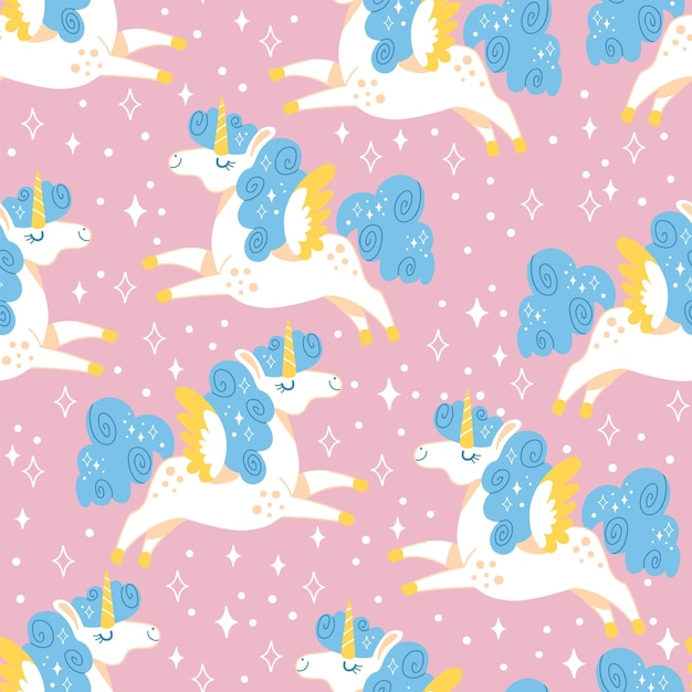 Naadloze patroon met schattige gevleugelde eenhoorns en vonken op paarse achtergrond vectorillustratie voor feest print baby shower behang ontwerp decor linnen gerechten beddengoed kleding