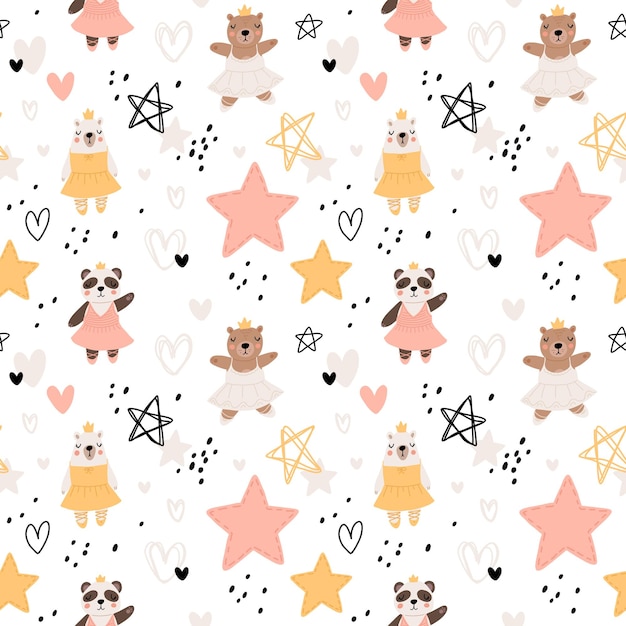 Naadloze patroon met schattige grappige kleine ballerina beertjes polaire grizzly panda luiaard koala Vector kinderen illustratie Scandinavische stijl plat ontwerp Cartoon kinderen concept