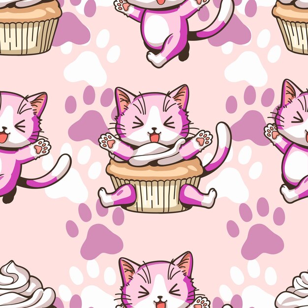 Naadloze patroon met schattige katten en cupcakes Vector illustratie