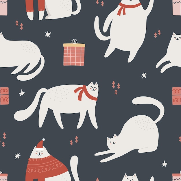 Naadloze patroon met schattige kerst katten. Handgetekende vectorillustratie voor verpakking, textiel
