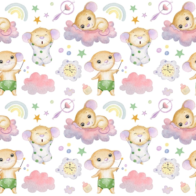 Naadloze patroon met schattige muizen wolken sterren en regenboog op een witte achtergrond textiel voor kinderen