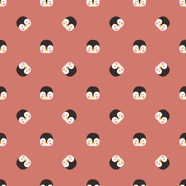Naadloze patroon met schattige pinguïn in kinderachtige stijl met glimlach gezicht en ogen op rode achtergrond Print van grappige winter vogel met blij gezicht platte vectorillustratie voor vakantie