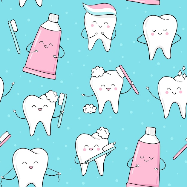 Naadloze patroon met schattige tanden, tandenborstel, tandpasta in cartoon-stijl. tand leuke achtergrond.