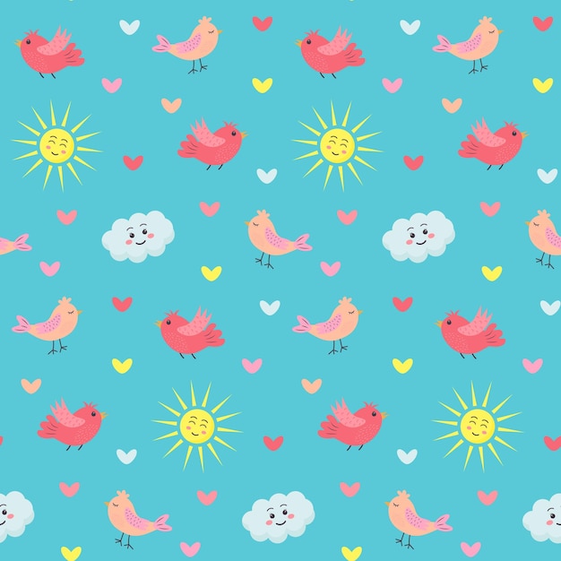 Naadloze patroon met schattige vogels kawaii zon wolk en harten creatieve scandinavische achtergrond