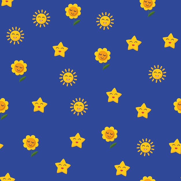 Naadloze patroon met schattige zon en bloem minimalistische stijl behang voor kinderkamer blauwe achtergrond