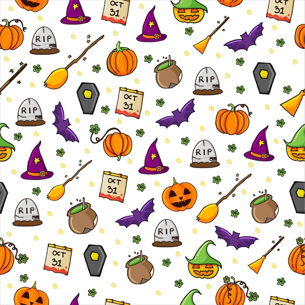 naadloze patroon met set van halloween achtergrond met dunne omtrek. hand getekend . doodle halloween-feest.