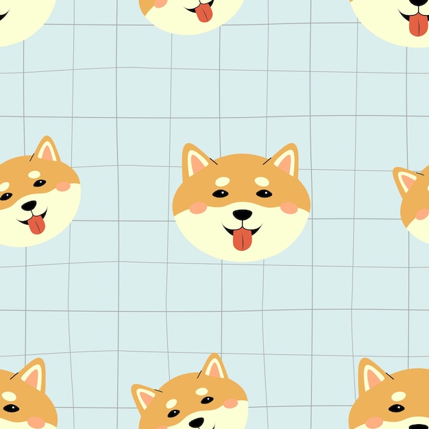 Naadloze patroon met shiba inu hoofd blauwe vector achtergrond in handgetekende stijl schattig vrolijk puppy patroon voor kinderbadkamer pyjama slaapkamer briefpapier dierenwinkel of dieren blog