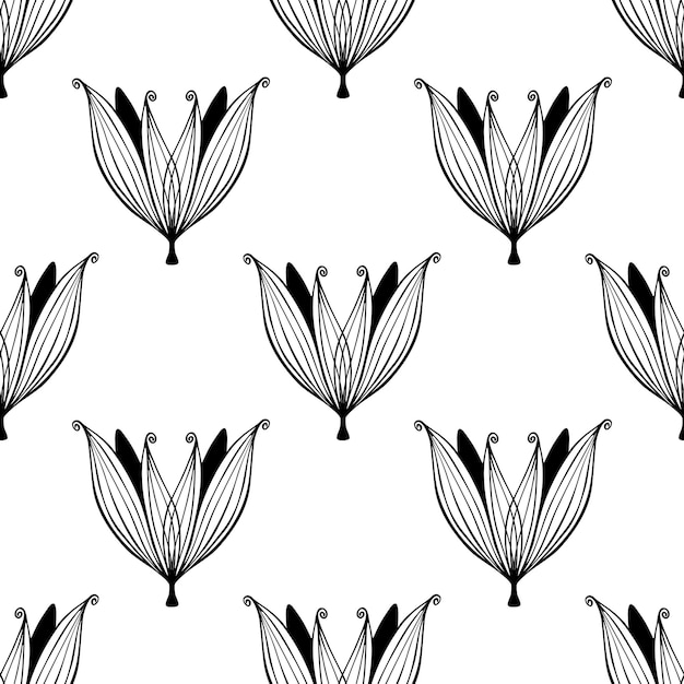 Naadloze patroon met silhouetten van doodle bloemen in zwarte kleur op witte achtergrond.