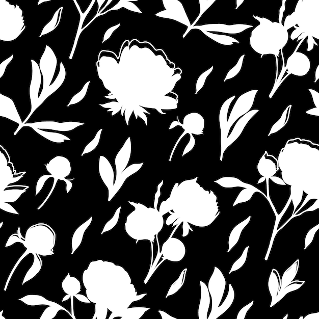 Naadloze patroon met silhouetten van pioen bloemen knoppen en bladeren Mono contrast vector patroon