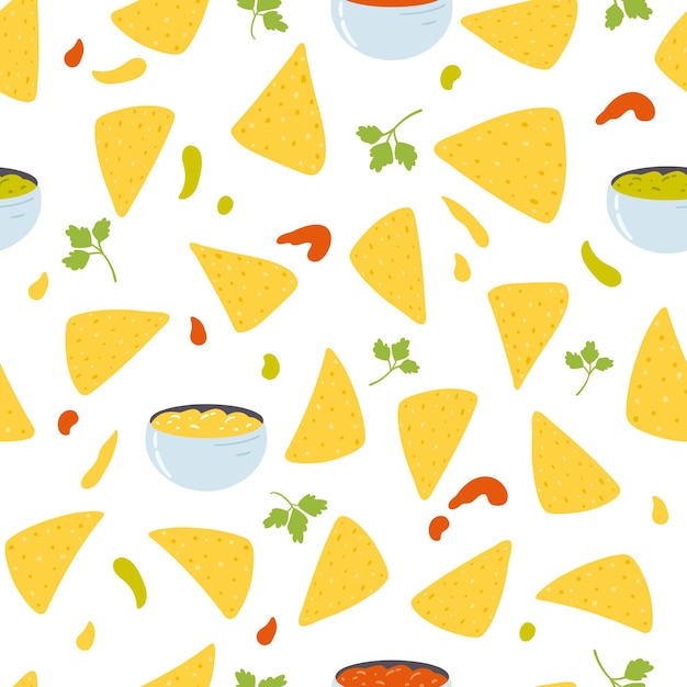 Naadloze patroon met tortillachips in cartoon vlakke stijl Handgetekende vector achtergrond met nachos tortilla's Mexicaans eten
