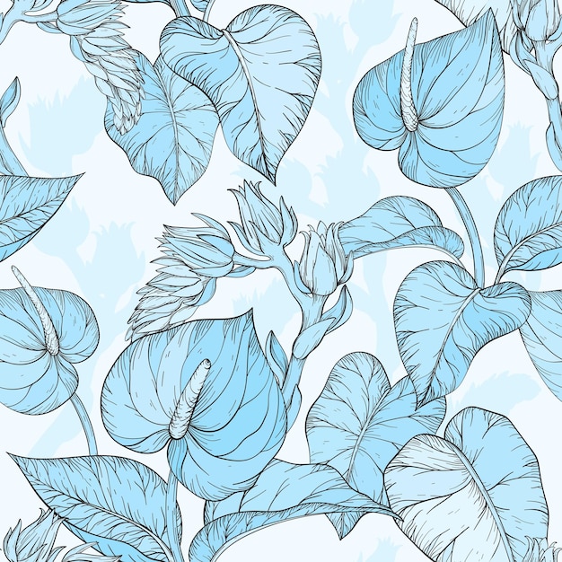 Naadloze patroon met tropische bladeren en bloemen monochroom blauw kleurenpalet
