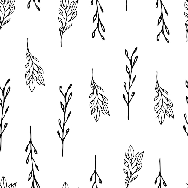 Naadloze patroon met vector zwarte en witte takken Vectorafbeeldingen van minimalistische bloemen