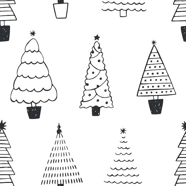 Naadloze patroon met verschillende kerstbomen of sparren getekend met zwarte contourlijnen op witte achtergrond. Achtergrond met naaldbos of hout. Monochroom vectorillustratie in doodle stijl.