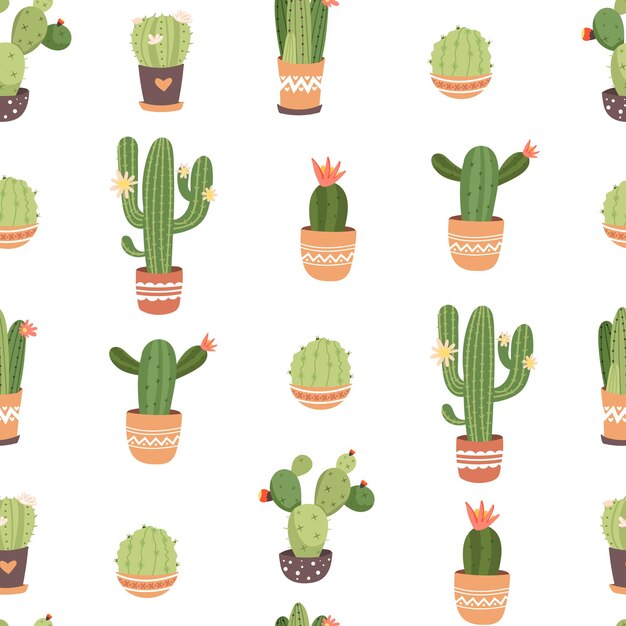 Naadloze patroon met verschillende pot cactus