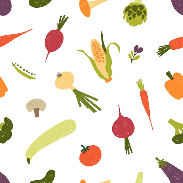 Naadloze patroon met verse biologische groenten of geoogste gewassen verspreid op witte achtergrond. Achtergrond met gezonde vegetarische voedingsproducten. illustratie voor textieldruk, inpakpapier.