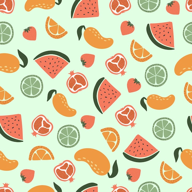 Naadloze patroon met watermeloen mango en fruit op mint groene achtergrond Cute vector background