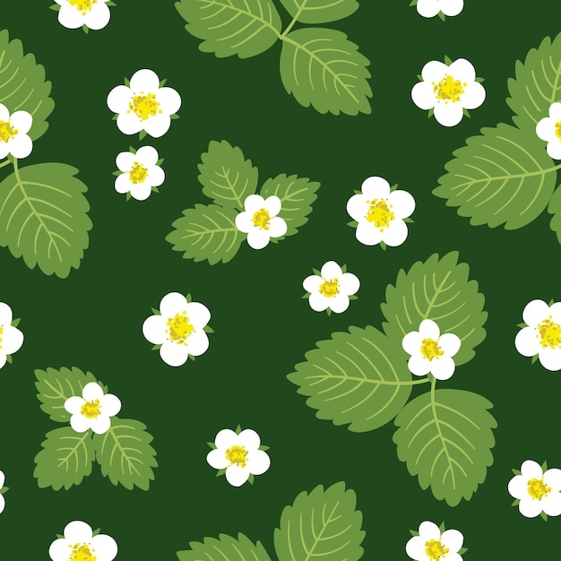 Naadloze patroon met witte bloemen en bladeren op donkere achtergrond. vector illustratie