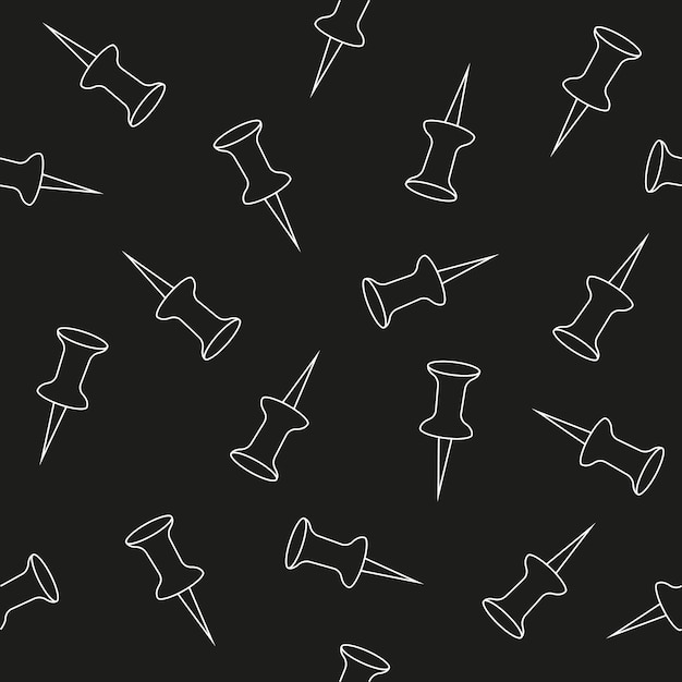 Naadloze patroon met witte punaises in lijn kunst stijlicoon pin op zwarte achtergrond. Vector illustratie.