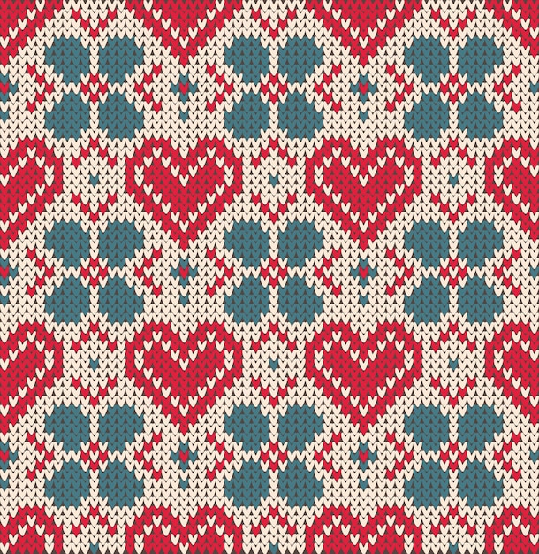 Naadloze patroon met wol gebreide textuur op het thema van Valentijnsdag met een afbeelding van de Noorse patronen en harten.